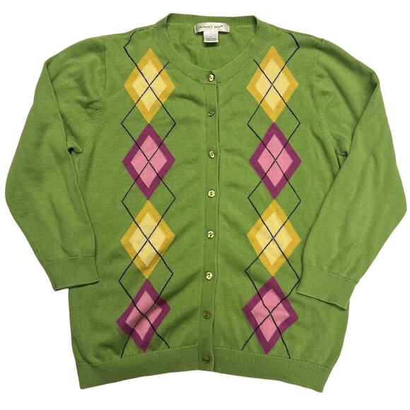 august silk Sweaters - AUGUST SILK Cardigan Sweater Womens Large Green Argyle Knit Button-Up 3/4 Sleeve